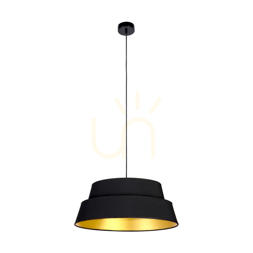 Prüfen Preto Gold Pendelleuchte, 1xE27, Max. 60 W, schwarzes Metall / schwarzes geflochtenes Kabel / schwarz-goldener Lampenschirm, Ø 50 cm