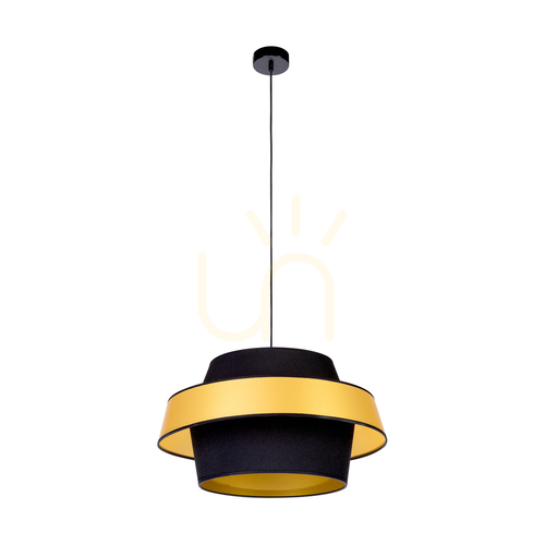 Prüfen Preto Gold Pendelleuchte, 1xE27, Max. 60 W, schwarzes Metall / schwarzes geflochtenes Kabel / schwarz-goldener Lampenschirm, Ø 55 cm