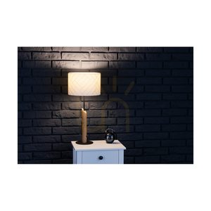 Tischlampe „Punto“, 1xE27, Max. 60 W, geölte Eiche/schwarzes Metall/schwarzes geflochtenes Kabel/bunter Lampenschirm aus Tapete, Ø 27 cm small 1