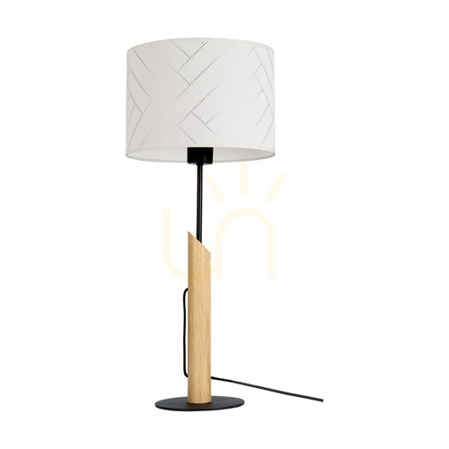 Prüfen Tischlampe „Punto“, 1xE27, Max. 60 W, geölte Eiche/schwarzes Metall/schwarzes geflochtenes Kabel/bunter Lampenschirm aus Tapete, Ø 27 cm