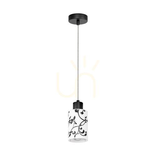 Prüfen Ravio Pendelleuchte, 1xE27, Max. 60 W, schwarzes Metall/transparentes PVC-Kabel/weißer und schwarzer Glasschirm, Ø 9,5 cm