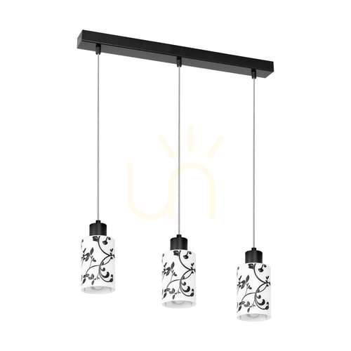 Prüfen Ravio Pendelleuchte, 3xE27, Max. 60 W, schwarzes Metall/transparentes PVC-Kabel/weißer und schwarzer Glasschirm, 55 cm