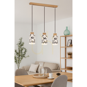 Ravio Pendelleuchte, 3xE27, Max. 60 W, Birke/Schwarz, PVC-Kabel, weißer und schwarzer Glasschirm, 54 cm small 1