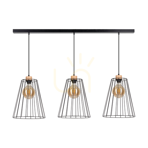 Prüfen Schwan-Pendelleuchte, 3xE27, Max. 60 W, geölte Eiche/schwarzes Metall/schwarzes PVC-Kabel/schwarzer Metallschirm, 117 cm