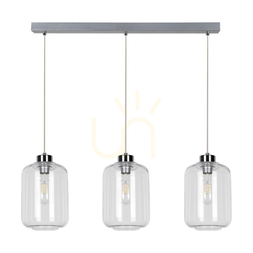 Prüfen Tarro-Pendelleuchte, 3xE27, Max. 60 W, Metall in Chromoptik / transparentes PVC-Kabel / transparenter Glasschirm, 76 cm