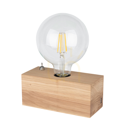 Prüfen Theo Tischlampe, 1xE27, Max. 25 W, geölte Eiche/Schwarz, PVC-Kabel mit integriertem USB-Ladegerät, 18 cm
