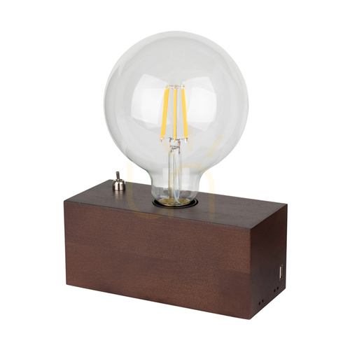 Prüfen Theo Tischlampe, 1xE27, Max. 25 W, Buchen- und Nussbaumholz, schwarzes PVC-Kabel mit integriertem USB-Ladegerät, 18 cm