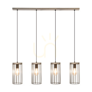 Timeo Pendelleuchte 4xE27 Max. 60 W, grau gebeiztes Kiefernholz / schwarzes PVC-Kabel / schwarzer Metallschirm, 100 cm small 1