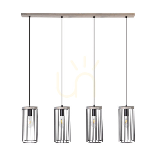 Prüfen Timeo Pendelleuchte 4xE27 Max. 60 W, grau gebeiztes Kiefernholz / schwarzes PVC-Kabel / schwarzer Metallschirm, 100 cm