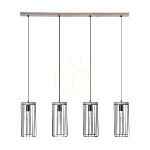 Timeo Pendelleuchte 4xE27 Max. 60 W, grau gebeiztes Kiefernholz / schwarzes PVC-Kabel / schwarzer Metallschirm, 100 cm small 0