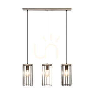 Timeo Pendelleuchte, 3xE27, Max. 60 W, grau gebeizte Kiefer, grau-schwarzes PVC-Kabel, schwarzer Metallschirm, 76 cm small 1