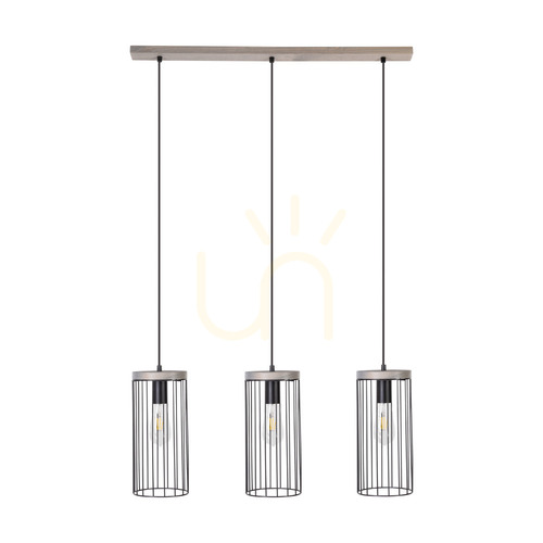 Prüfen Timeo Pendelleuchte, 3xE27, Max. 60 W, grau gebeizte Kiefer, grau-schwarzes PVC-Kabel, schwarzer Metallschirm, 76 cm