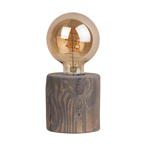 Prüfen Trabo-Tischlampe, 1xE27, Max. 25 W, grau gebeiztes Kiefernholz, schwarzes PVC-Kabel, Ø 8–12 cm