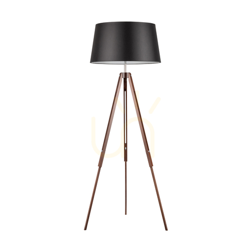 Prüfen Stativ-Stehlampe, 1xE27, Max. 60 W, Buchen- und Nussbaumholz, transparentes PVC-Kabel, schwarzer Lampenschirm, 67 cm