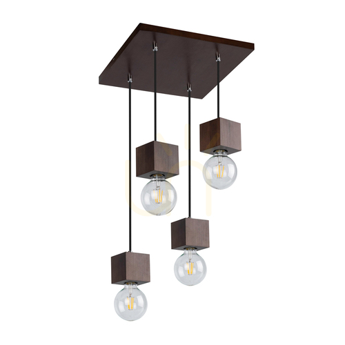 Prüfen Trongo Square Pendelleuchte, 4xE27, Max. 60 W, Buchen- und Nussbaumholz, schwarzes geflochtenes Kabel, 34 cm