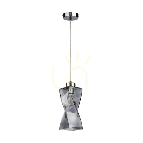 Prüfen Twist-Pendelleuchte, 1xE27, Max. 25 W, Metall in Chromoptik / transparentes PVC-Kabel / Lampenschirm aus Rauchglas, 10 cm