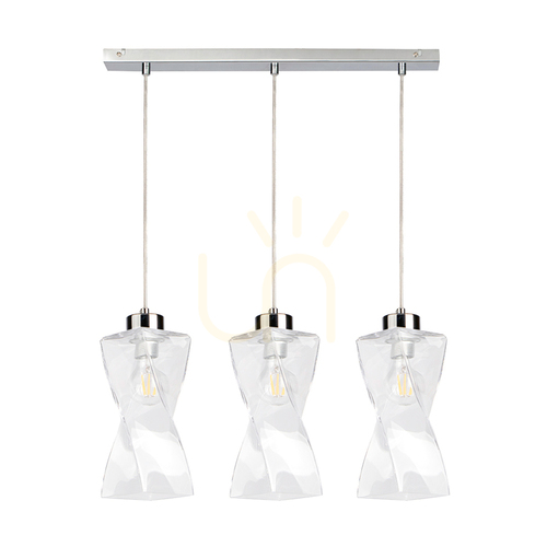 Prüfen Twist-Pendelleuchte, 3xE27, Max. 25 W, Metall in Chromoptik / transparentes PVC-Kabel / transparenter Glasschirm, 52 cm