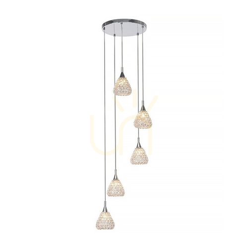 Prüfen Vegas 5xG9 Pendelleuchte, Max. 33 W, Metall in Chromoptik/klarer Glasschirm, Ø 32 cm