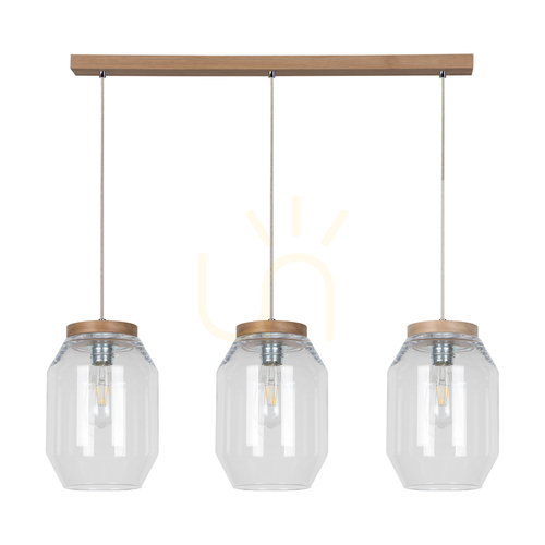 Prüfen Vaso Pendelleuchte, 3xE27, Max. 60 W, geölte Eiche / transparentes PVC-Kabel / transparenter Glasschirm, 85 cm