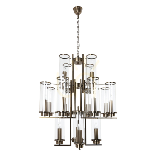 Prüfen Verdi Pendelleuchte, 16xE14, Max. 40 W, Metall mit Patina/transparenter Glasschirm, Ø 77 cm