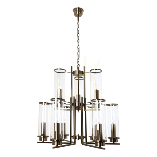 Prüfen Verdi Pendelleuchte, 9xE14, Max. 40 W, Metall mit Patina/transparenter Glasschirm, Ø 69,5 cm