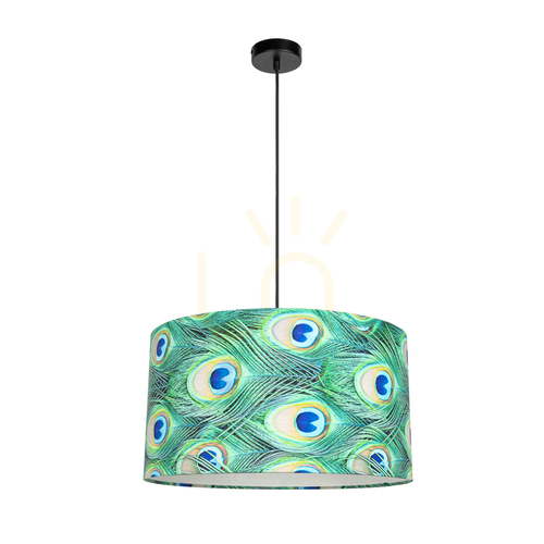 Prüfen Hängeleuchte „Vert“, 1xE27, Max. 60 W, schwarzes Metall / schwarzer, geflochtener Lampenschirm / bunter Lampenschirm mit Pfauenfeder-Muster, Ø 45 cm
