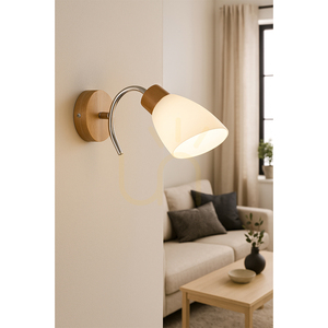 Viletta Wandleuchte 1xE27 Max. 60 W, Birke/Chrom, Metall, weißer Glasschirm, 29 cm small 2