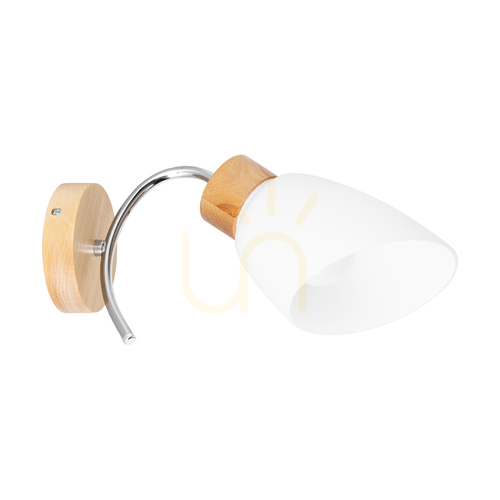 Prüfen Viletta Wandleuchte 1xE27 Max. 60 W, Birke/Chrom, Metall, weißer Glasschirm, 29 cm